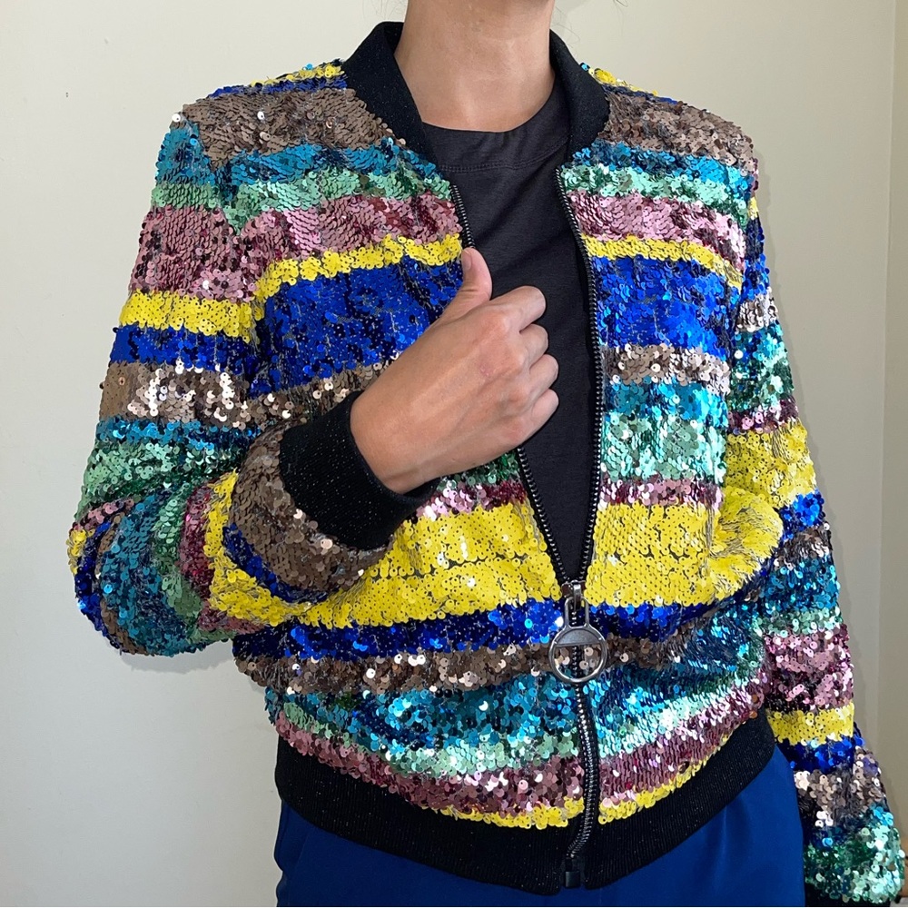 Women's Sequin Fitted Long Sleeve Zipper Blazer Bomber Jacket